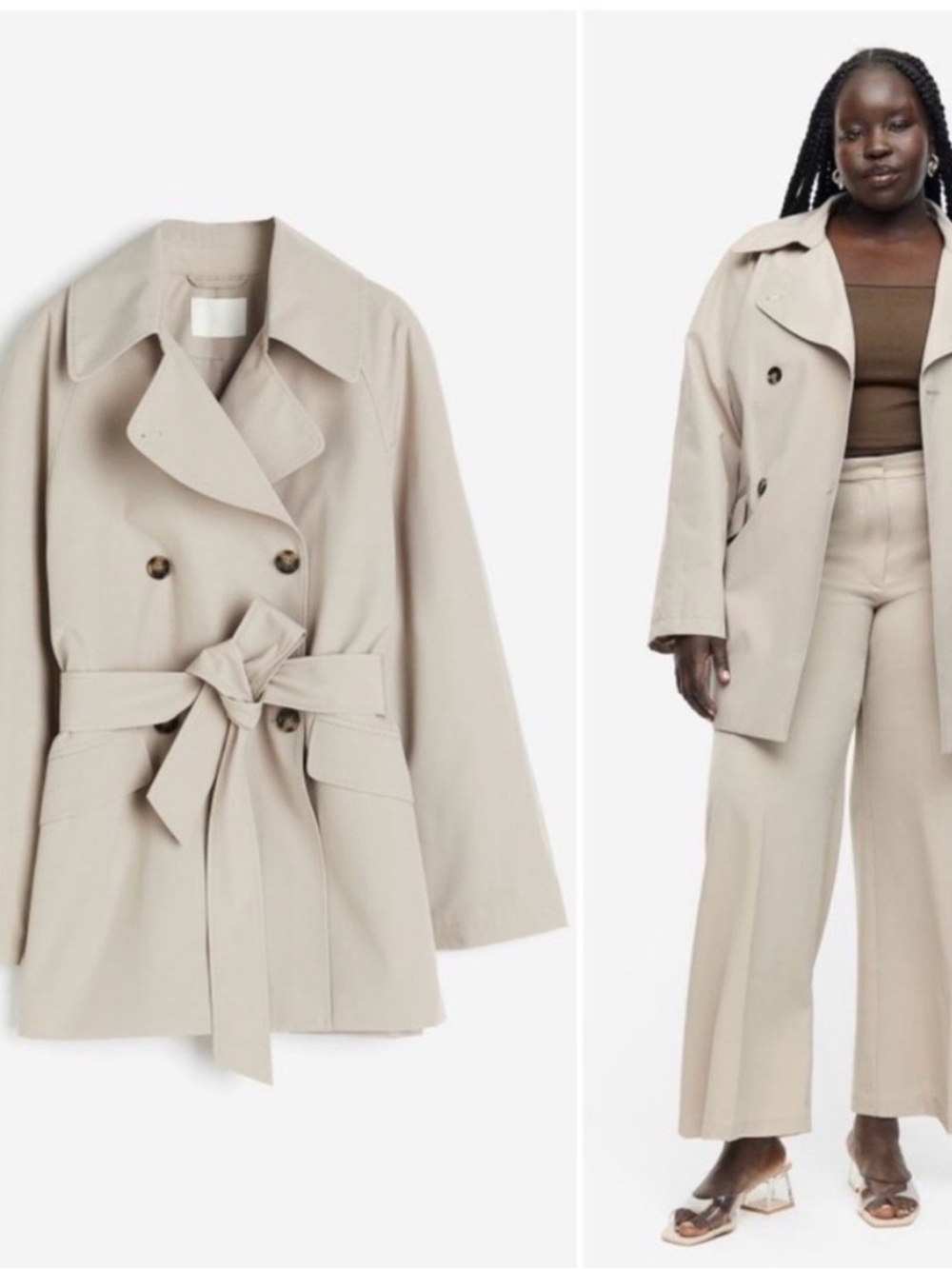 H&M Beige Double-Breasted Tie-Waist Trench Coat NWT - Picture 3 of 11